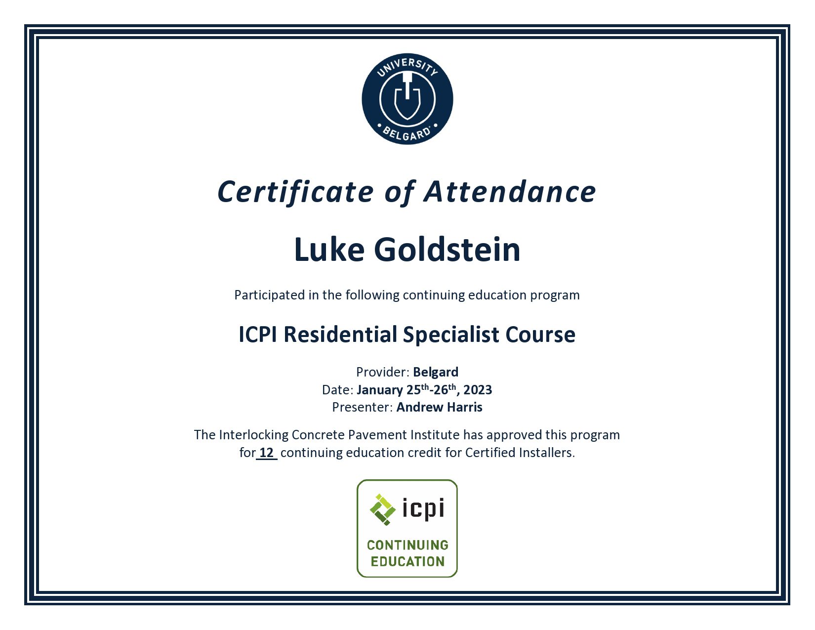 Licenses - 2023 ICPI Certificates ICPI Residential Specialist Course page0001 - Mr. Outdoor Living