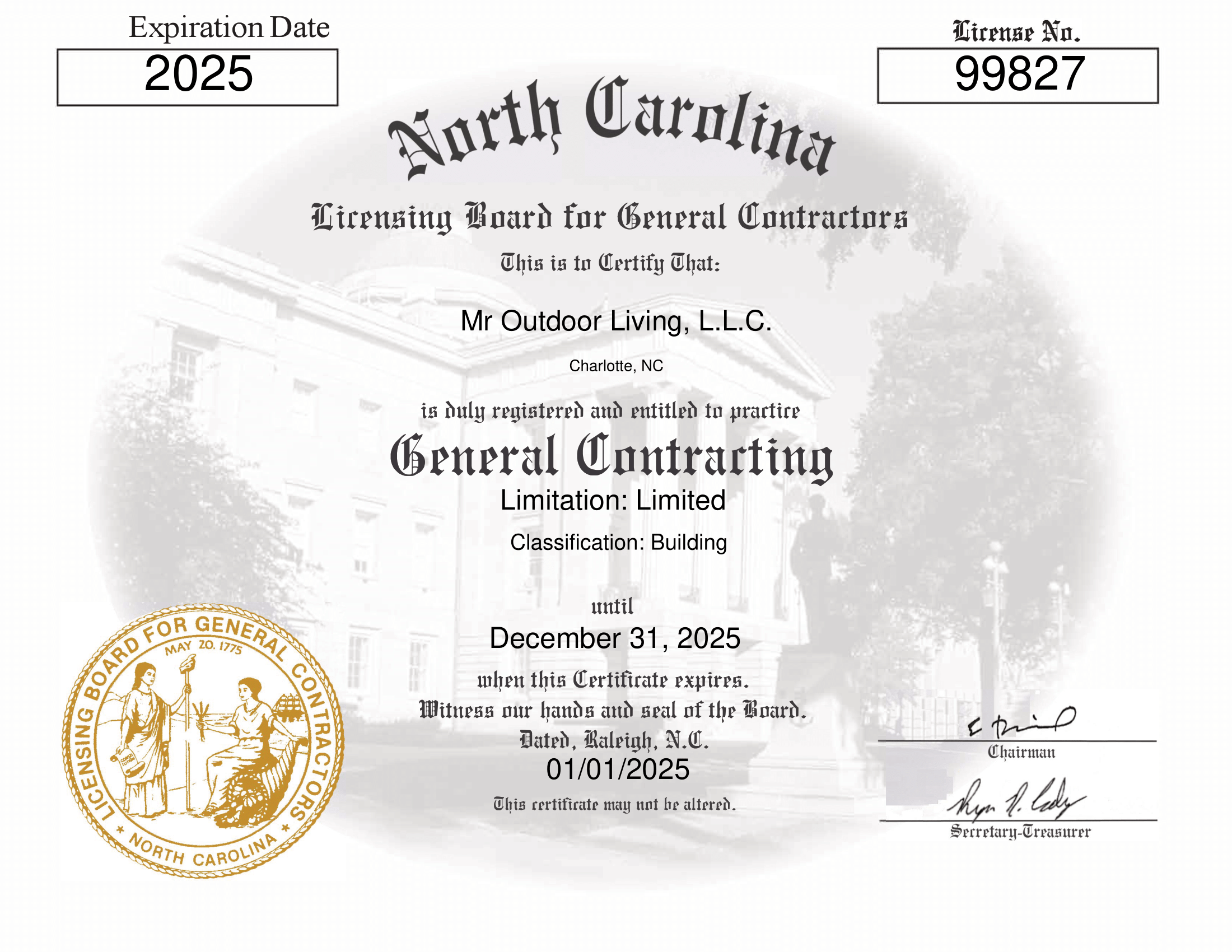 Licenses - Certificate 1 - Mr. Outdoor Living