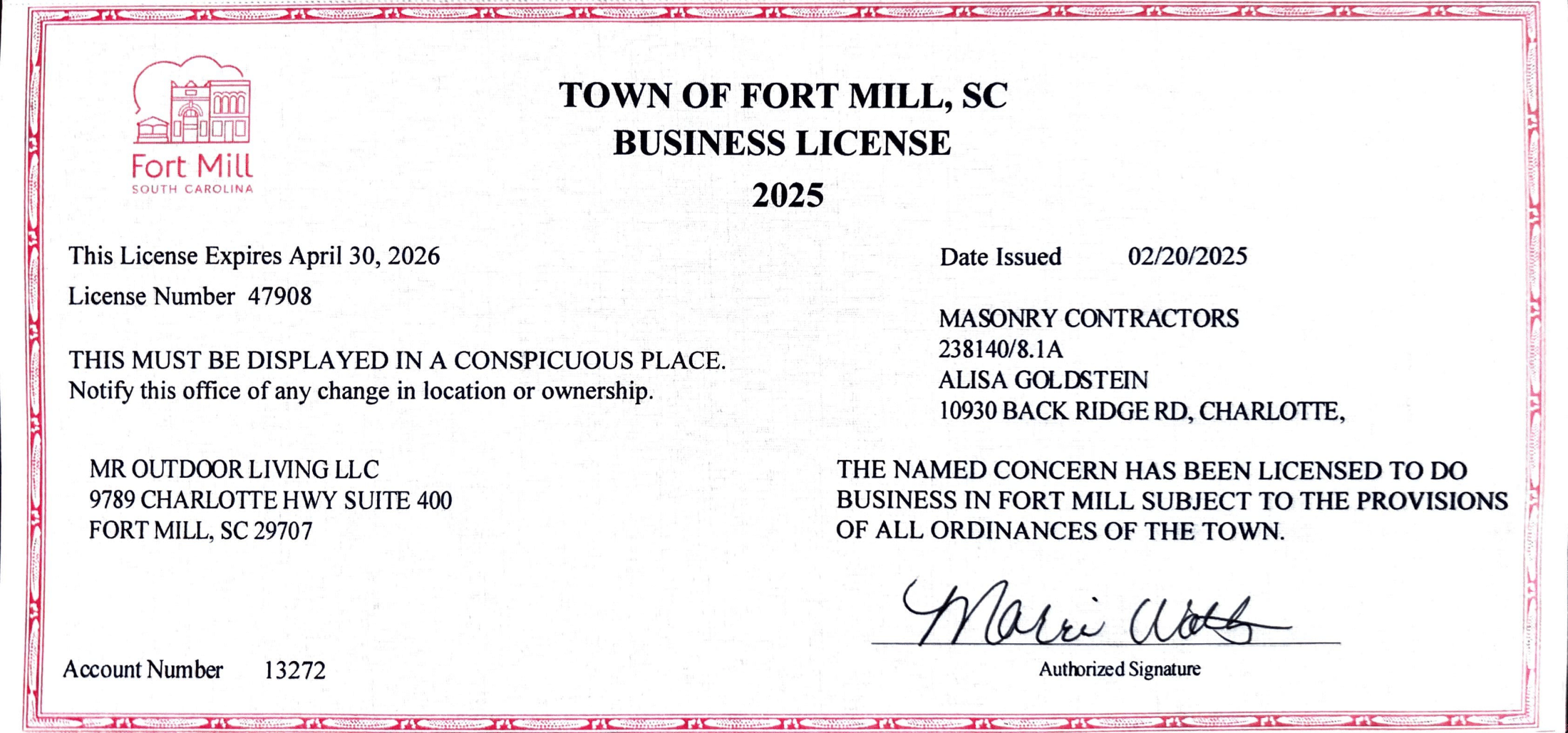 Licenses - Fort Mill License 1 - Mr. Outdoor Living