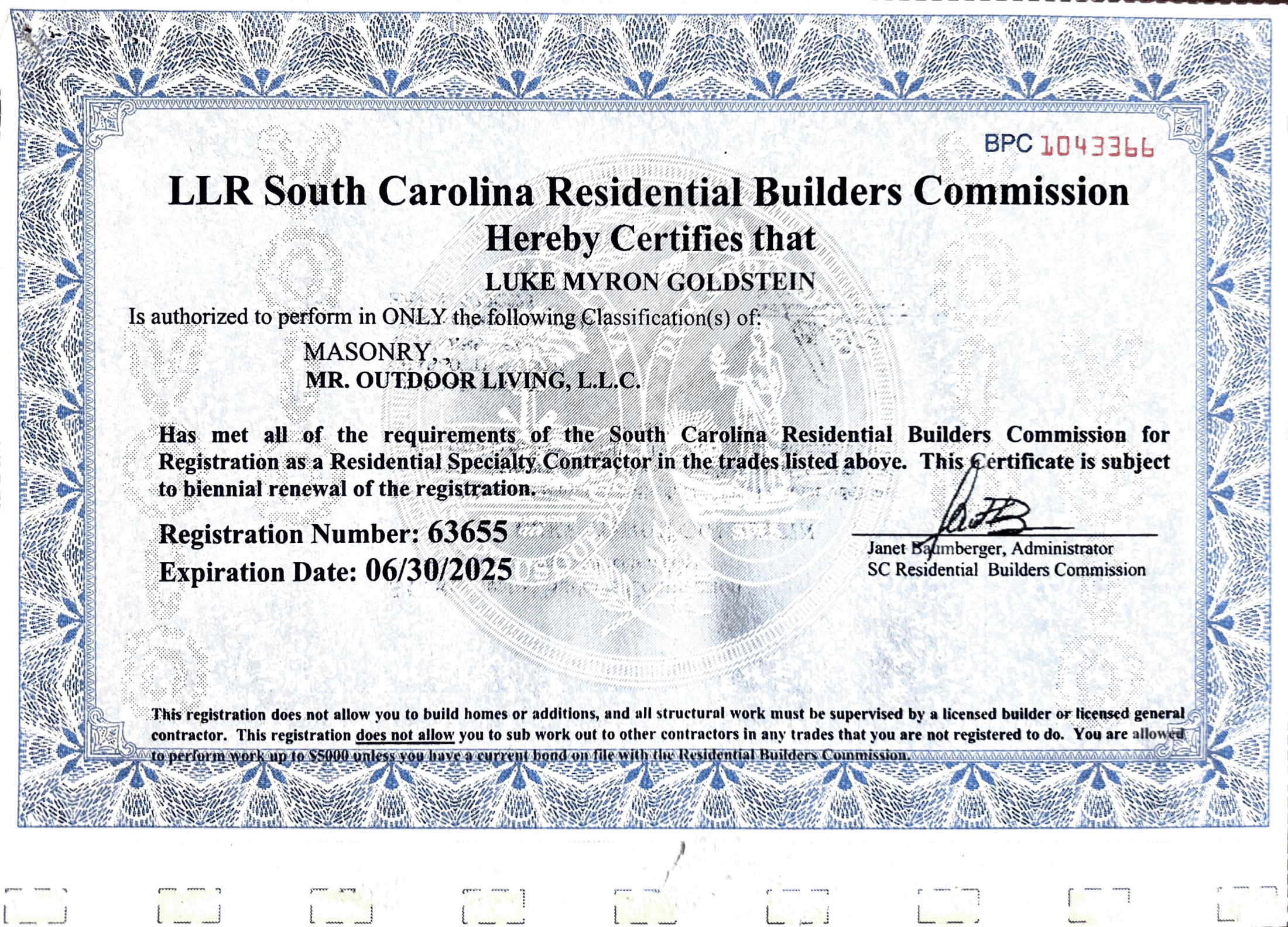Licenses - Luke LLR 1 - Mr. Outdoor Living