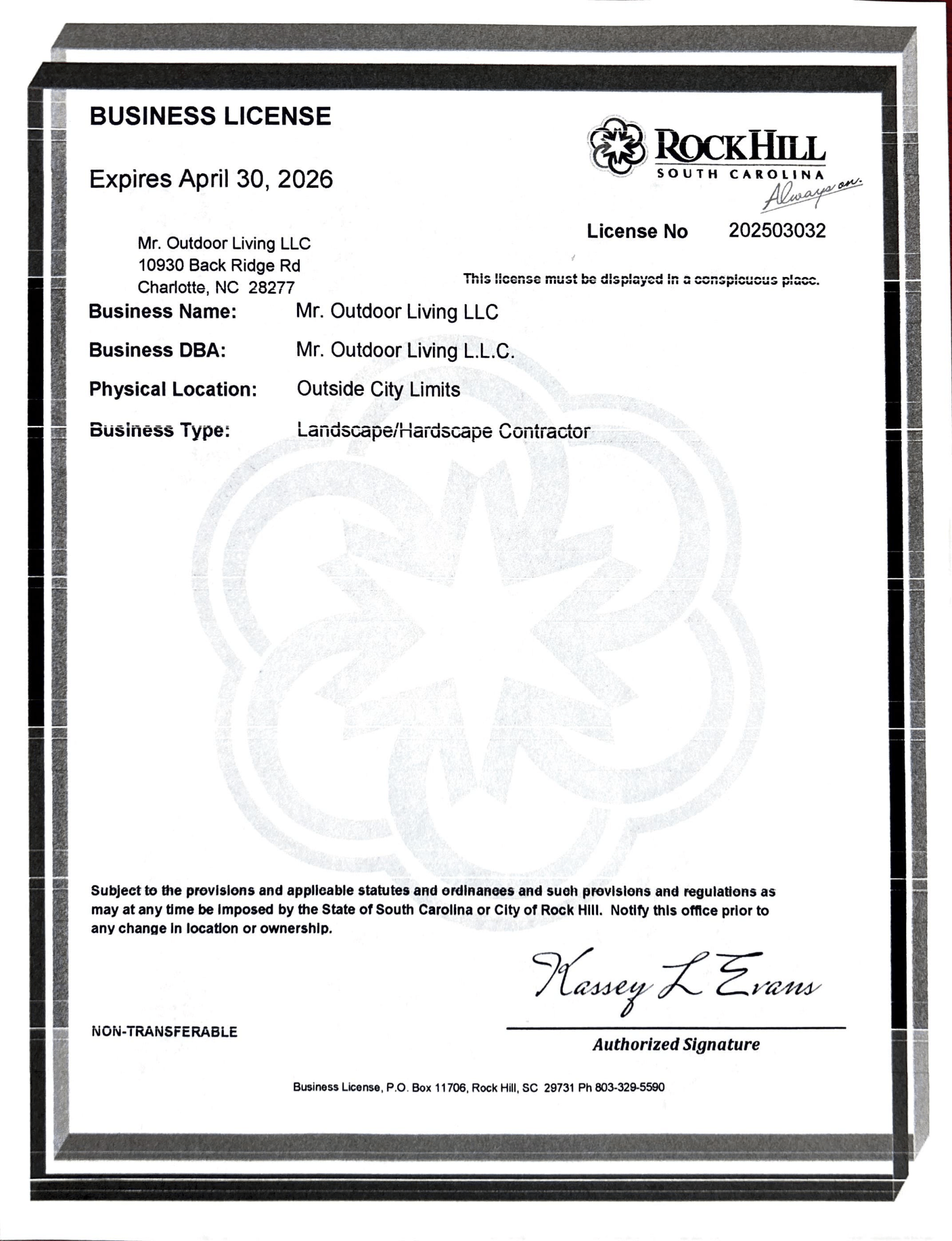 Licenses - Rock Hill License 1 - Mr. Outdoor Living