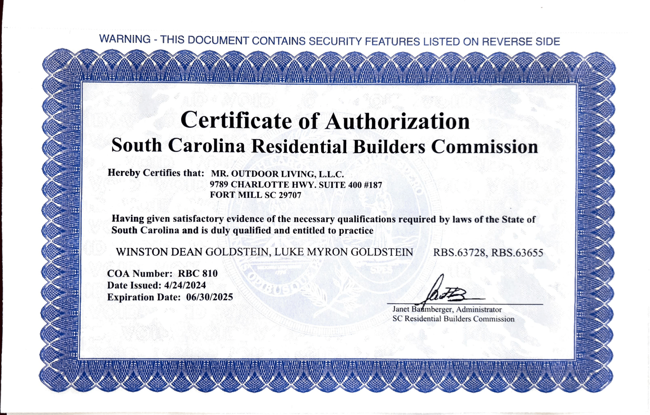 Licenses - SC LICENSE 1 - Mr. Outdoor Living