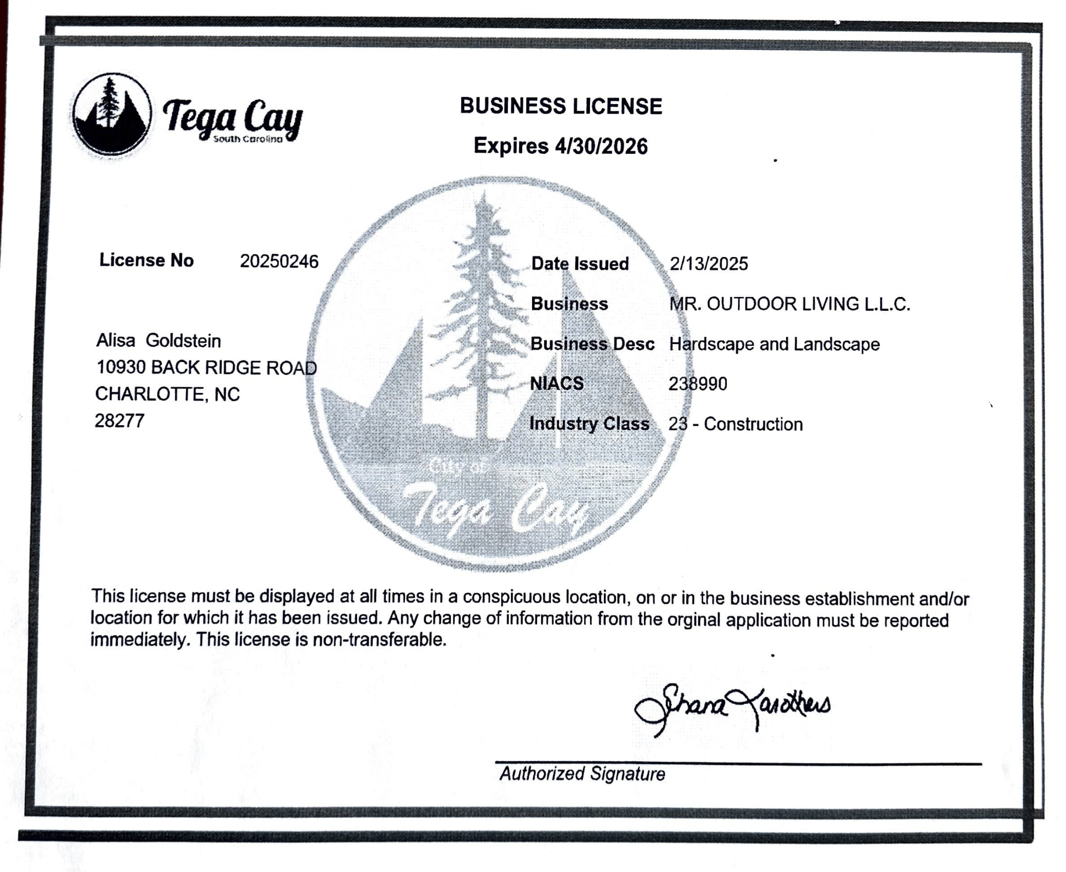 Licenses - Tega Cay License 1 - Mr. Outdoor Living