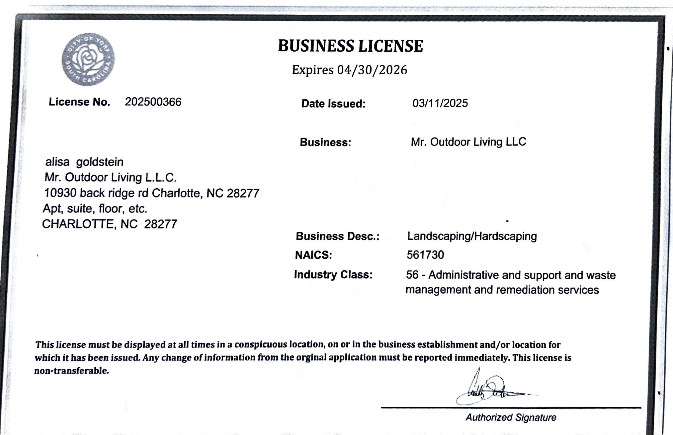 Licenses - York License 1 - Mr. Outdoor Living